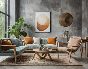 Summer composition of living room interior with couch, pillow carpet, coffee table, armchair and personal accessories. Gray concrete wall. Mock up poster. Template.