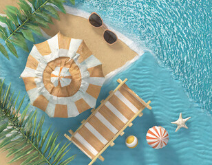 Top view summer beach vacation scene with blue background. 3d rendering