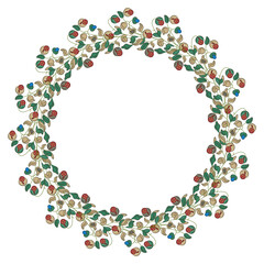 Round floral wreath. Botanical circular border with blooming branches. Isolated vector illustration.