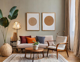 Warm and cozy interior of living room space with two mock up poster frames, round table, leaf in vase, chair, pedant lamp, decoration and woman lying on the sofa. Minimalist home decor. - obrazy, fototapety, plakaty