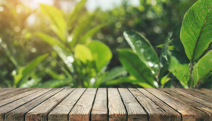 Wooden table and blurred green nature garden background