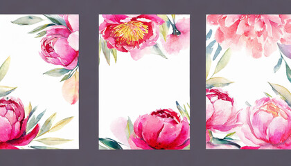watercolor card set. minimal postcard design. peony flowers frame handmade for painting her image
