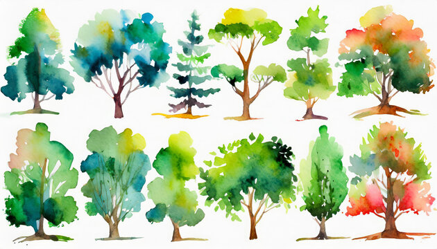 Watercolor painted various tree collection. An array of watercolor trees showcasing different species and styles, perfect for design or educational purposes