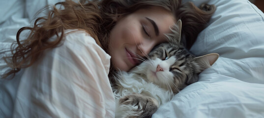 Beautiful woman cuddling fluffy cat on peaceful morning in cozy bed at home