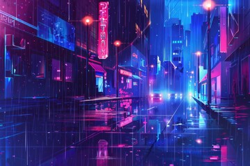 Fototapeta na wymiar An evocative wallpaper illustration featuring a rainy city street at night, with neon lights reflecting off the wet pavement, Generative AI