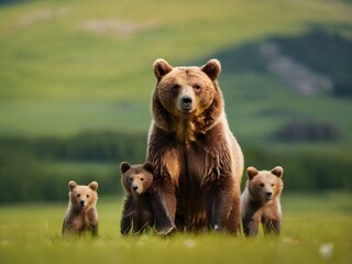Brown bear ursus arctos mother with two cubs on green - obrazy, fototapety, plakaty