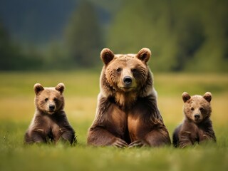 Brown bear ursus arctos mother with two cubs on green - obrazy, fototapety, plakaty
