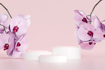 3d Abstract pink room with realistic nature cylinder pedestal podium set and leaf shadow overlay. Minimal design scene for stage product display presentation. Geometric platform.3D render illustration