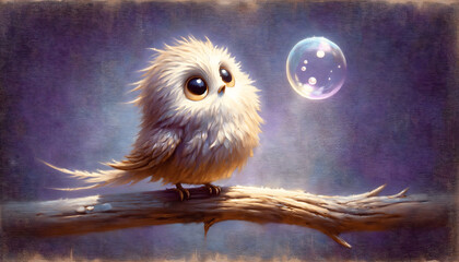 a cartoon and enchanting, featuring a fluffy tall light brown bird, captivated by a magical transparent bubble, all set against a pale deep purple background