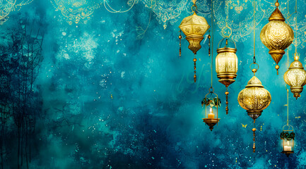 A golden Ramadhan lamp with Islamic on abstract blue background. Islamic festive greeting card photo. eid mubarak background - obrazy, fototapety, plakaty