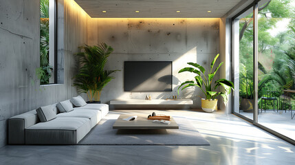 a Spacious modern living room with big screen