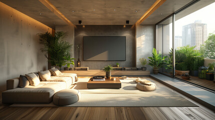 a Spacious modern living room with big screen