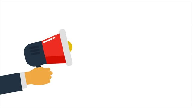 Cartoon animation of human hand holding a megaphone announce, on white background, marketting 