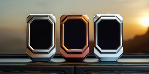 Three metal boxes in different colors on wooden table.