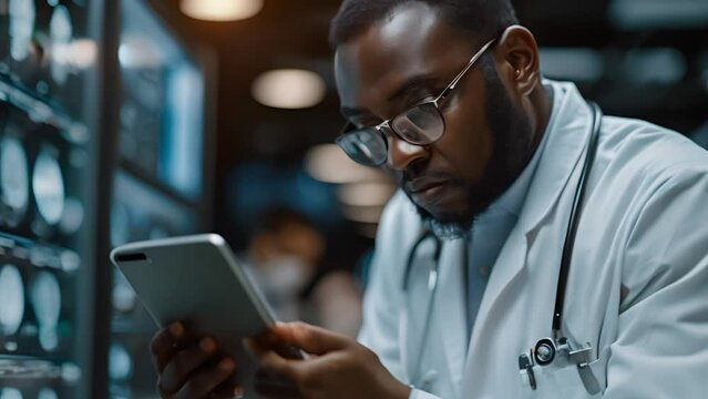 A doctor is looking at a tablet with a picture of a brain on it. He is wearing a white lab coat and glasses