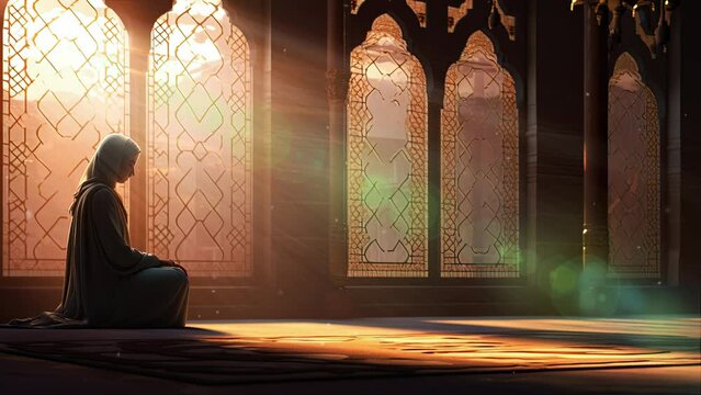 Woman praying Inside the mosque. loop animation	