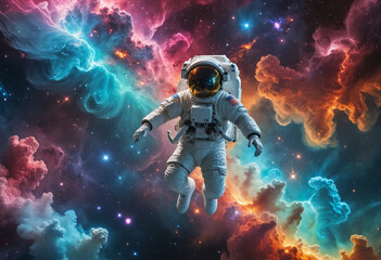 Nebula Drifter: An Astronaut Glides Through Vibrant Cosmic Clouds, Immersed in the Beauty of Space - Generative AI - obrazy, fototapety, plakaty