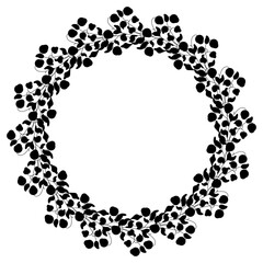 Round floral wreath. Botanical circular border with blooming branches. Black silhouette on white background.