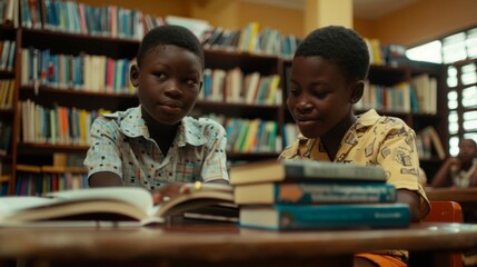 In a school library a student and a volunteer mentor sit at a small table with a pile of books in front of them. The student with a look of concentration on their face is