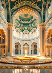 Obraz premium Islamic greeting Eid Mubarak cards for Muslim Holidays. Eid-Ul-Fitr festival celebration. Ramadan Kareem background with interior green mosque