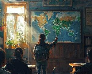 Inside a classroom, a teacher points to a world map, explaining the impact of closing the education gap Show the scene in a realistic style with soft sunlight filtering through the windows