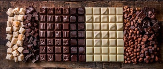 An array of assorted chocolate bars, including white, milk, and dark chocolate, accompanied by nuts on a dark surface