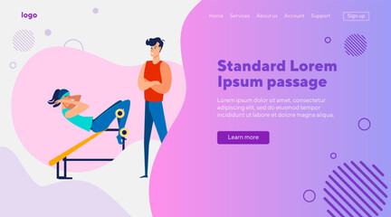 Woman doing sit ups in gym. Fitness instructor training customer, exercising, workout flat vector illustration. Sport, activity, lifestyle concept for banner, website design or landing web page