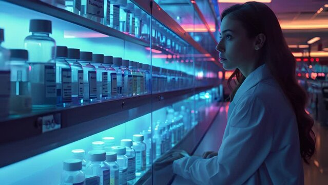 A woman in a lab coat is looking at a shelf full of medicine bottles. The bottles are lined up in rows, and the woman is examining them. Concept of curiosity and scientific exploration