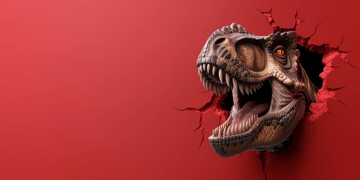 tyrannosaurus rex dinosaur,3d hole in the wall with trex head, red background