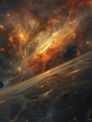 , journeying through vast nebulae and vibrant planetary systems, in a 3D render, under the glow of ethereal spotlighting