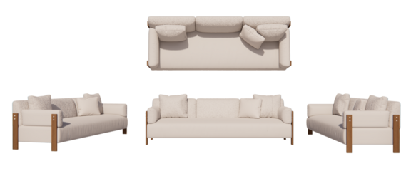 minimal sofa with wood leg, living room, isometric sofa, sofa with pillows mockup, top view, font view, side view, isolated,perspective, rendering