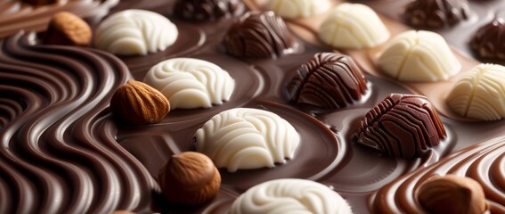 An assortment of luxurious chocolates with various fillings and toppings, featuring dark, milk, and white varieties elegantly decorated