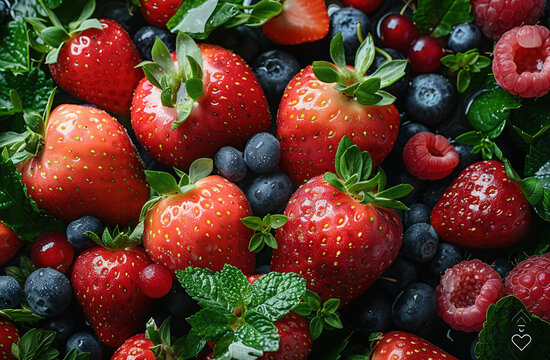 Strawberries and blueberries closeup shot. Created with Ai