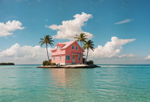 Coastal Haven: A Pink House Stands Majestically in the Middle of the Sea, Perched on a Small Island - Generative AI