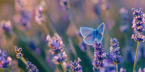 Delicate blue butterfly on a lavender flower in a field at sunset with a blurred background in pastel purple tones. - Powered by Adobe