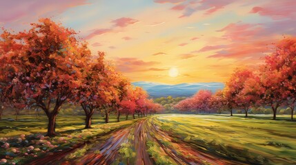 Fototapeta premium Image of a vast apple orchard in full bloom during a golden autumn sunset. Generative ai.