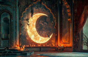Islamic greeting Eid Mubarak cards for Muslim Holidays. Eid-Ul-Fitr festival celebration. Ramadan Kareem background. Crescent Moon and Lantern golden in sky