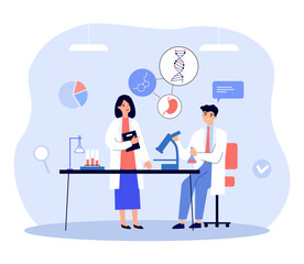Scientists working in laboratory vector illustration. Man looking at research results through microscope. Woman with research report.  Biotechnology and biomodeling concept
