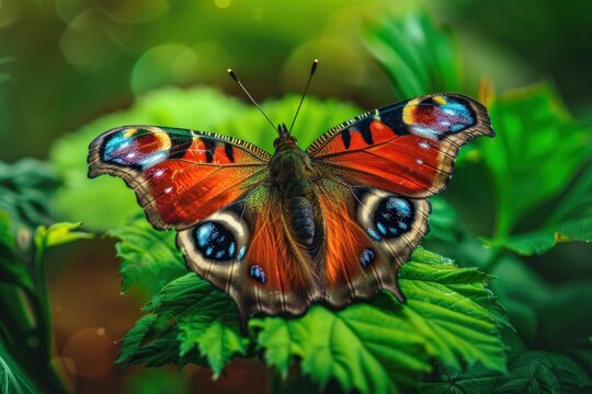 Closeup of a colorful butterfly on a green leaf with a blurred background. Perfect for nature and wildlife photography collections.