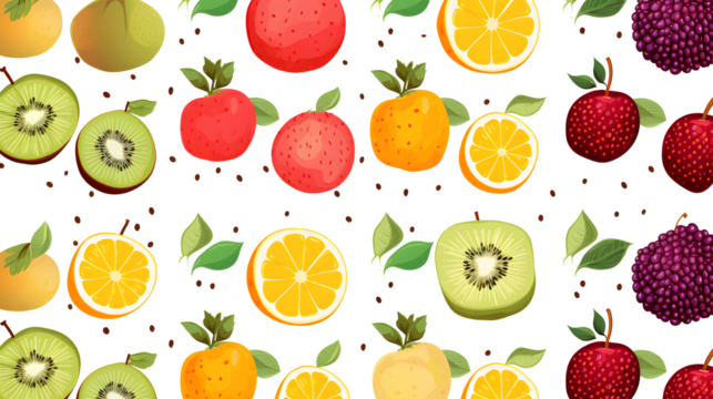 Seamless pattern of fruits elements on white and transparent background Set with hand drawn fruit doodles. Tropical pattern of  banana, apple, pear, peach, strawberry, lemon, cherry, and pomegranate.