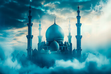 Islamic greeting Eid Mubarak cards with blue mosque in the sky with clouds, moon and stars. Ramadhan Kareem background and eid mubarak