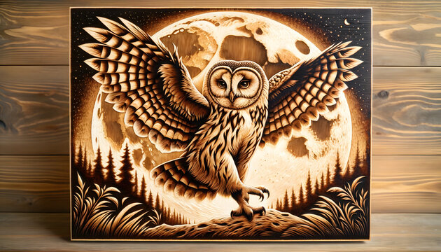 A rustic figurative artwork in pyrography style, featuring a full body profile of an owl in a joyous celebration of the moon. The owl is depicted with intricate burn marks to create detailed feathers