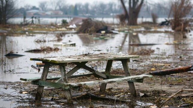 A lone picnic table sitting in the middle of a flooded field surrounded by floating debris and remnants of destroyed homes a haunting image of the aftermath of a destructive