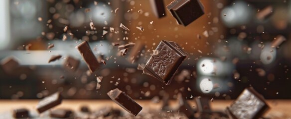 Pieces of dark chocolate bars are floating in the air with chocolate dust and chunks scattered around, against a beige background