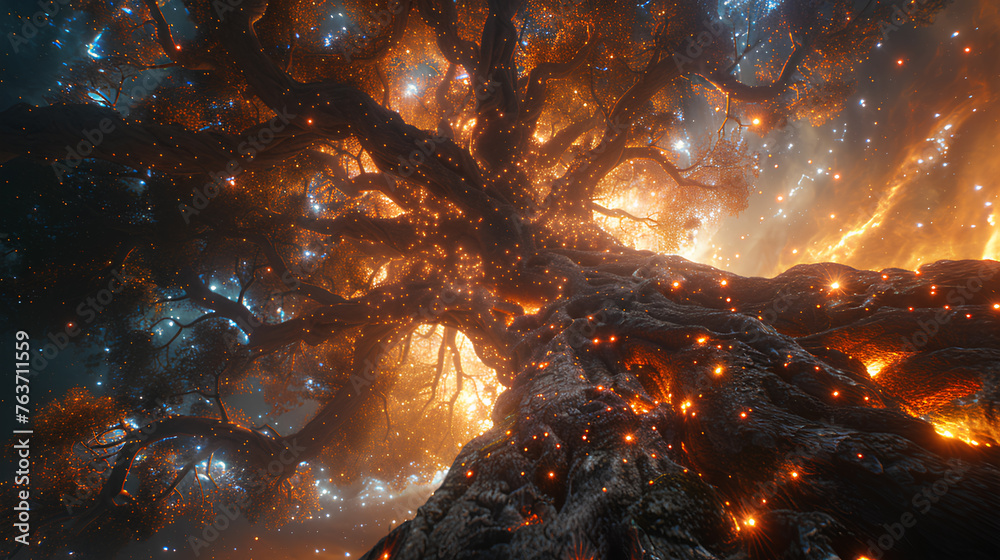 Wall mural huge trees of life blend with galaxies with generative ai