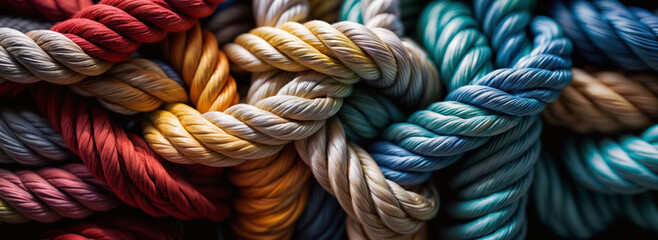 A close-up of several colorful ropes tied together