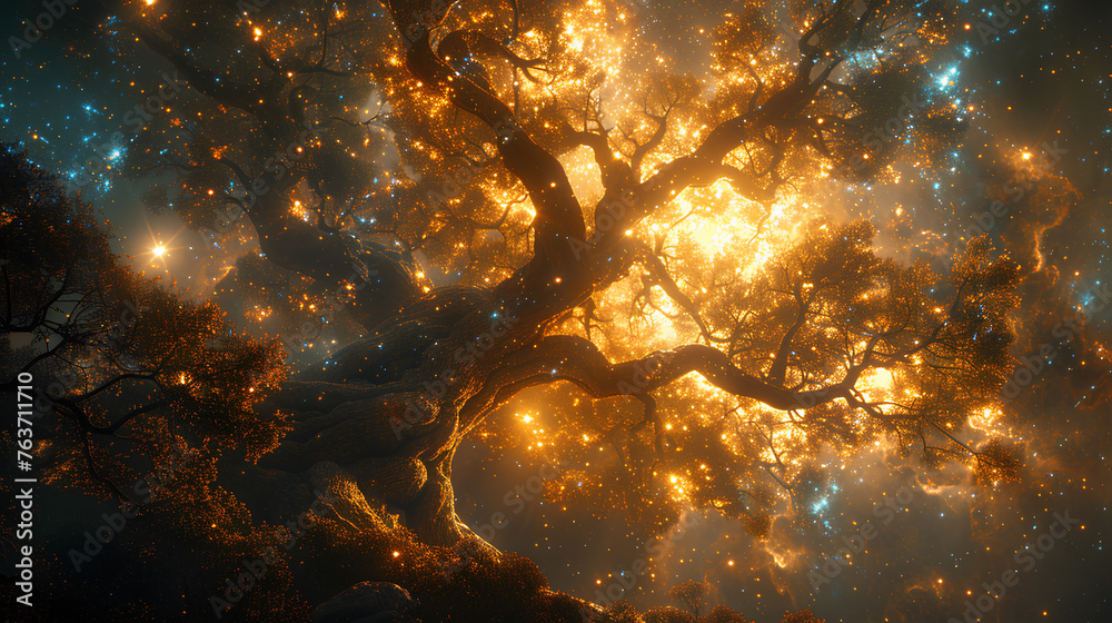 Wall mural huge trees of life blend with galaxies with generative ai