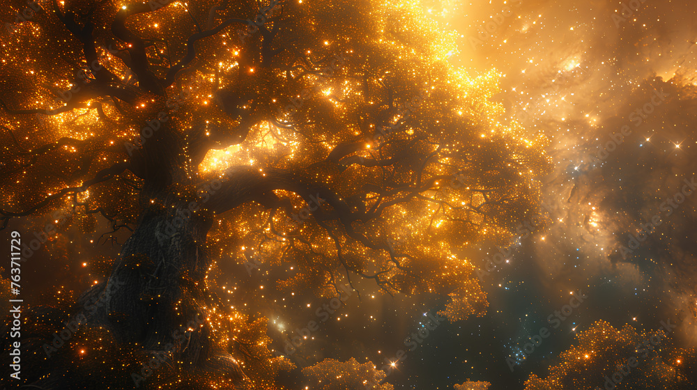 Wall mural huge trees of life blend with galaxies with generative ai