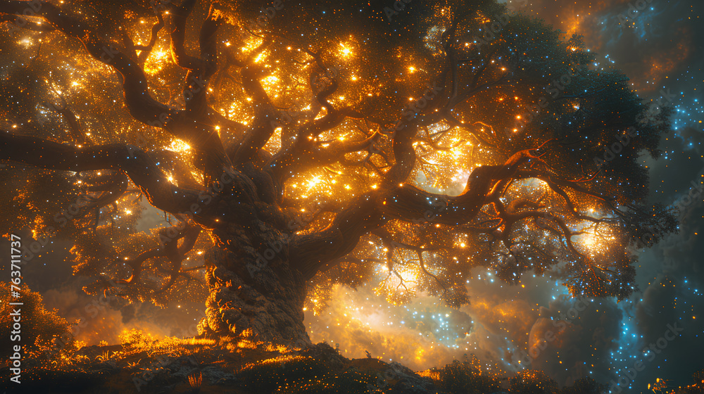 Wall mural huge trees of life blend with galaxies with generative ai