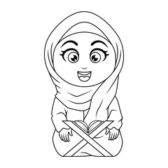 Cartoon muslim girls reading Quran line art